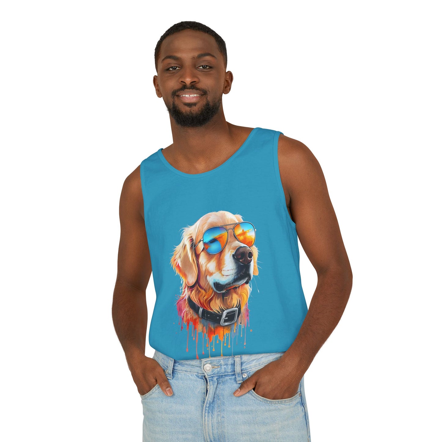 Colorful Golden Retriever Art Tank Top - Summer Dog Lover Graphic Tee - Unisex Cotton Sleeveless Shirt