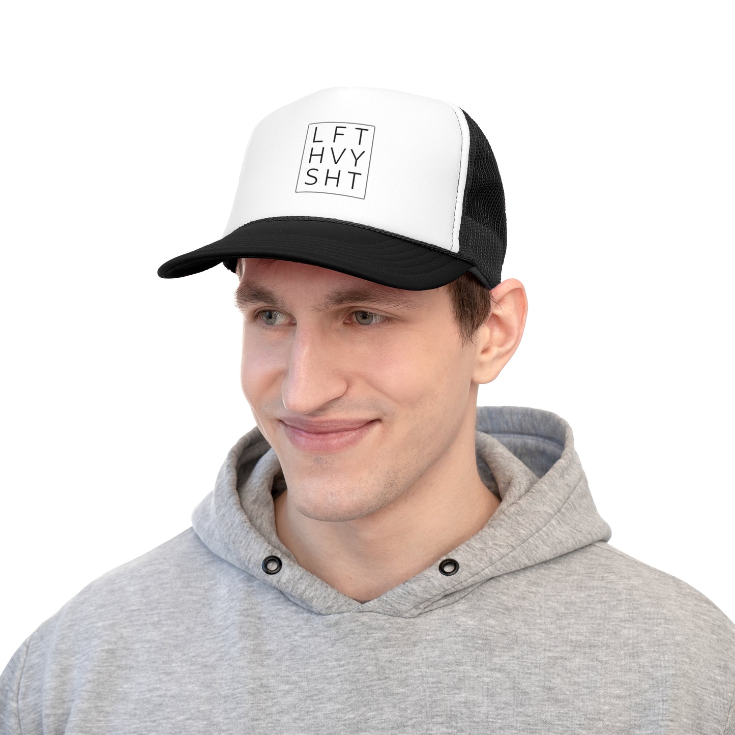 "LFT HVY SHT" Trucker Hat | Black & White Mesh Snapback Trucker Cap