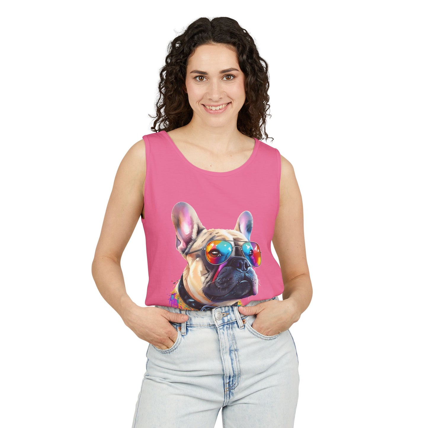 Colorful French Bulldog Art Tank Top - Summer Dog Lover Graphic Tee - Unisex Cotton Sleeveless Shirt