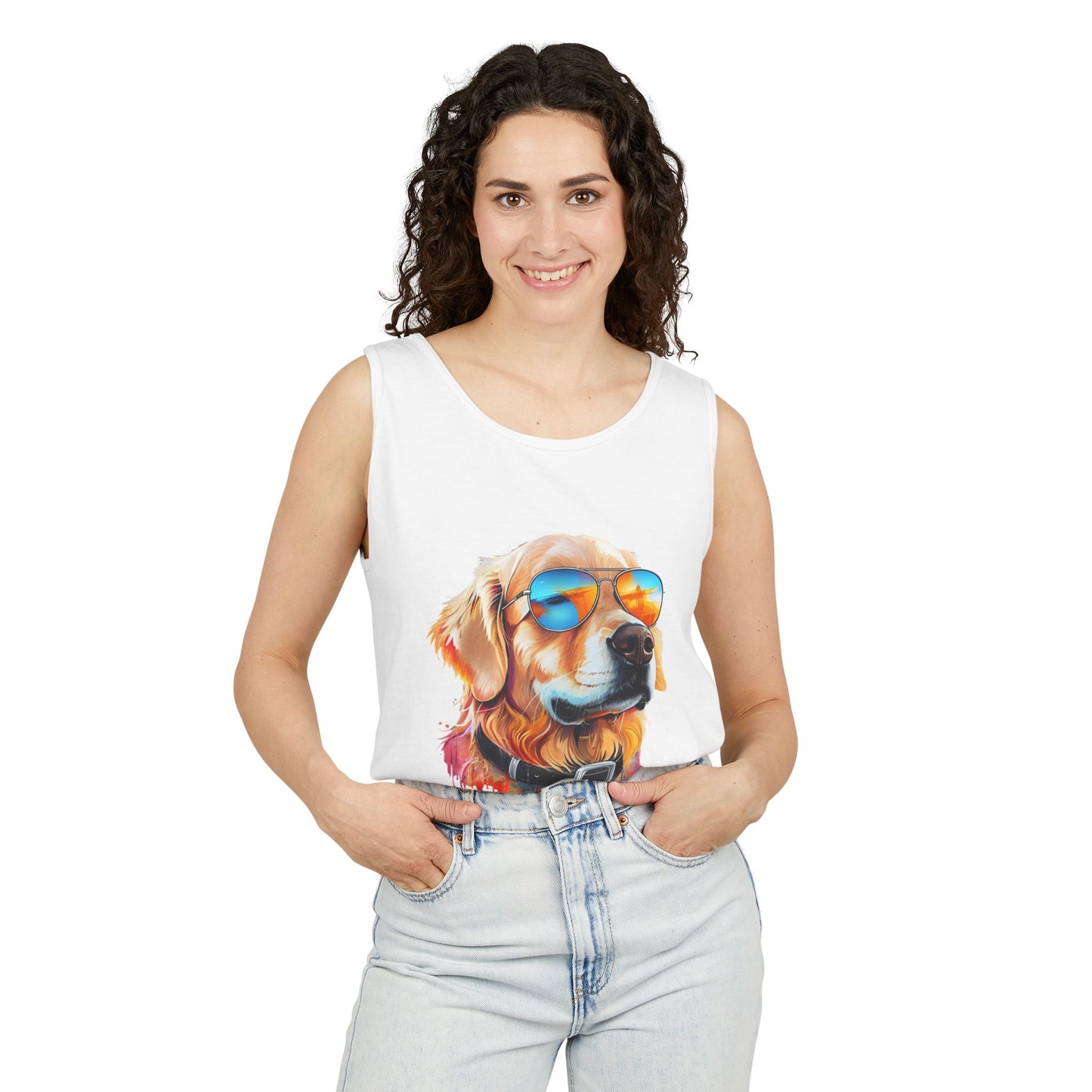 Colorful Golden Retriever Art Tank Top - Summer Dog Lover Graphic Tee - Unisex Cotton Sleeveless Shirt