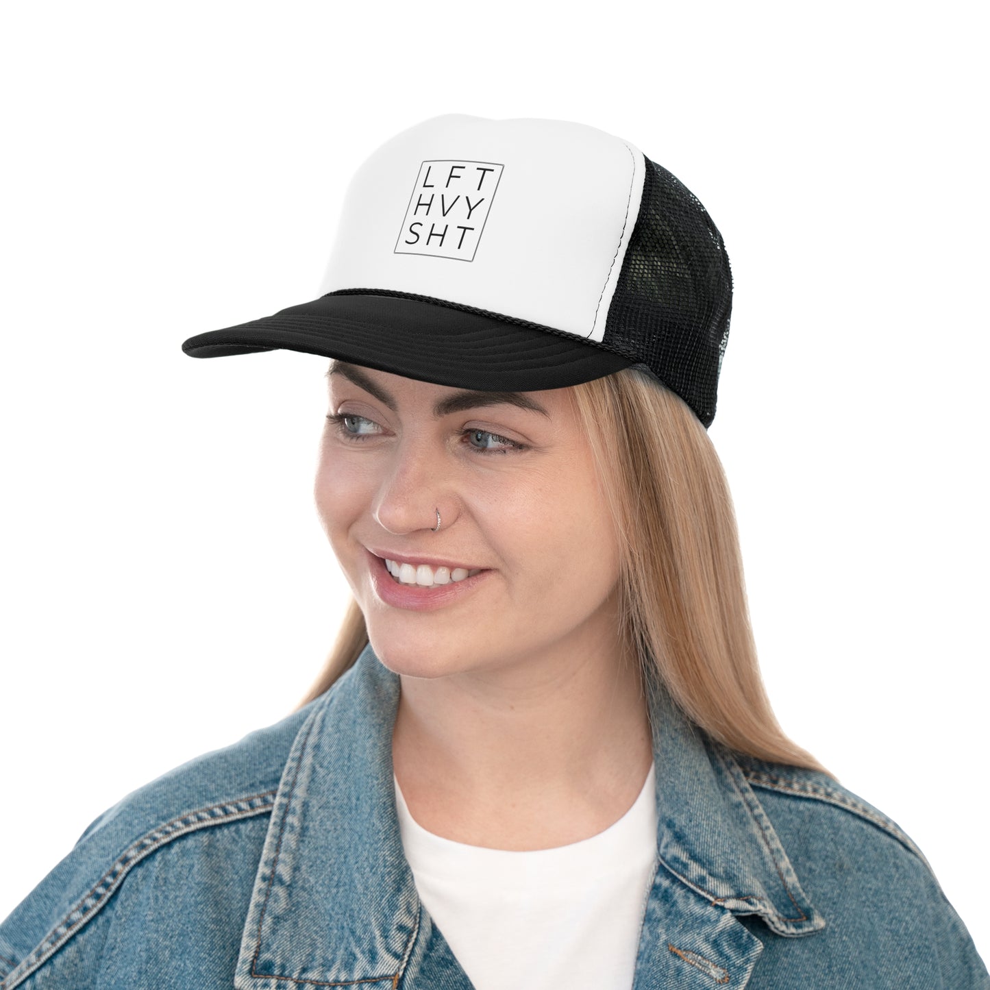 "LFT HVY SHT" Trucker Hat | Black & White Mesh Snapback Trucker Cap