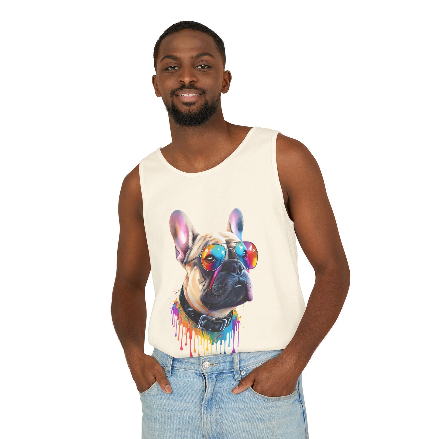 Colorful French Bulldog Art Tank Top - Summer Dog Lover Graphic Tee - Unisex Cotton Sleeveless Shirt