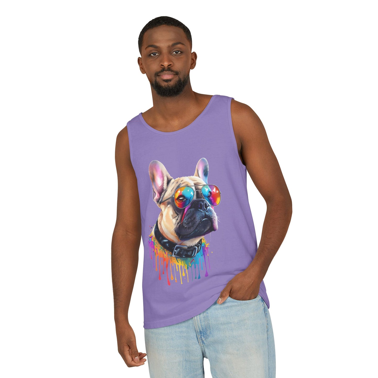 Colorful French Bulldog Art Tank Top - Summer Dog Lover Graphic Tee - Unisex Cotton Sleeveless Shirt