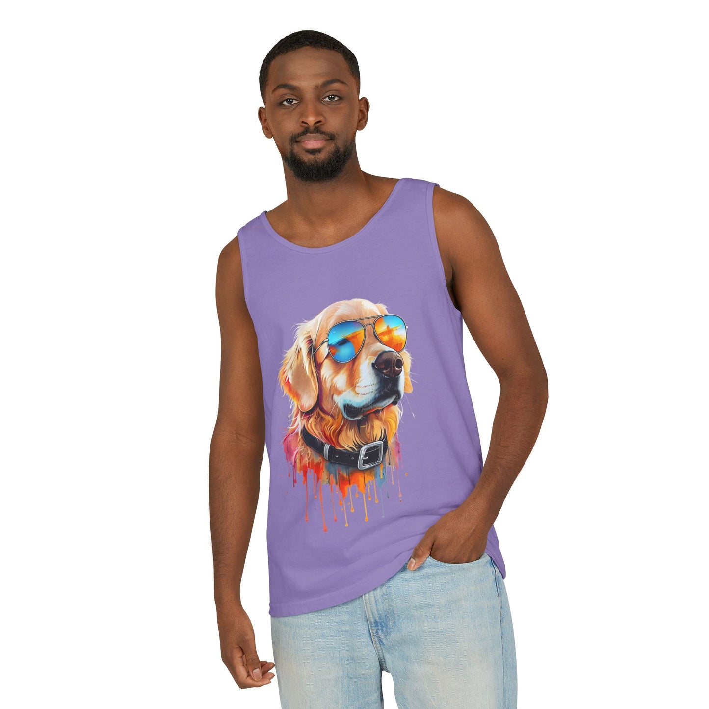 Colorful Golden Retriever Art Tank Top - Summer Dog Lover Graphic Tee - Unisex Cotton Sleeveless Shirt