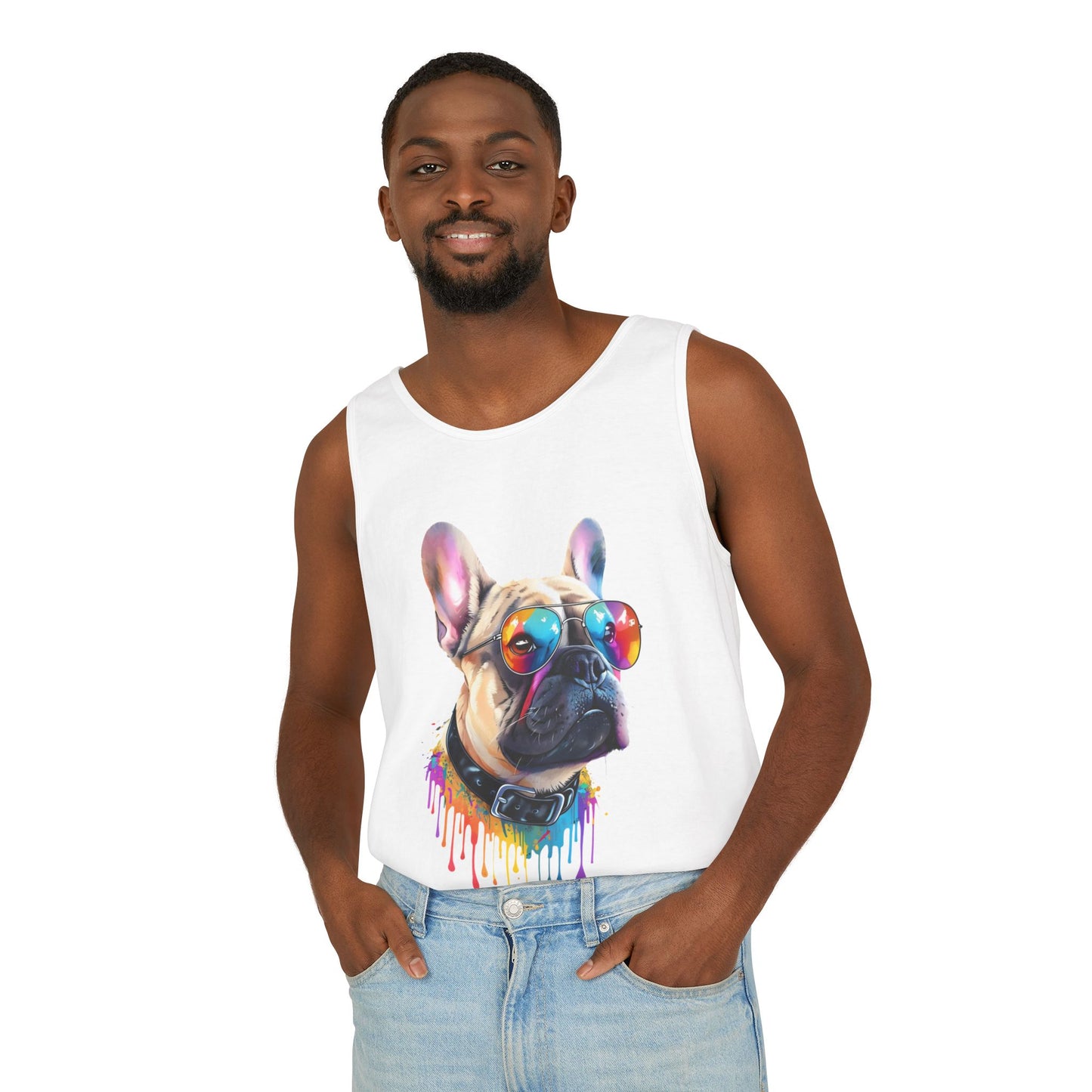 Colorful French Bulldog Art Tank Top - Summer Dog Lover Graphic Tee - Unisex Cotton Sleeveless Shirt