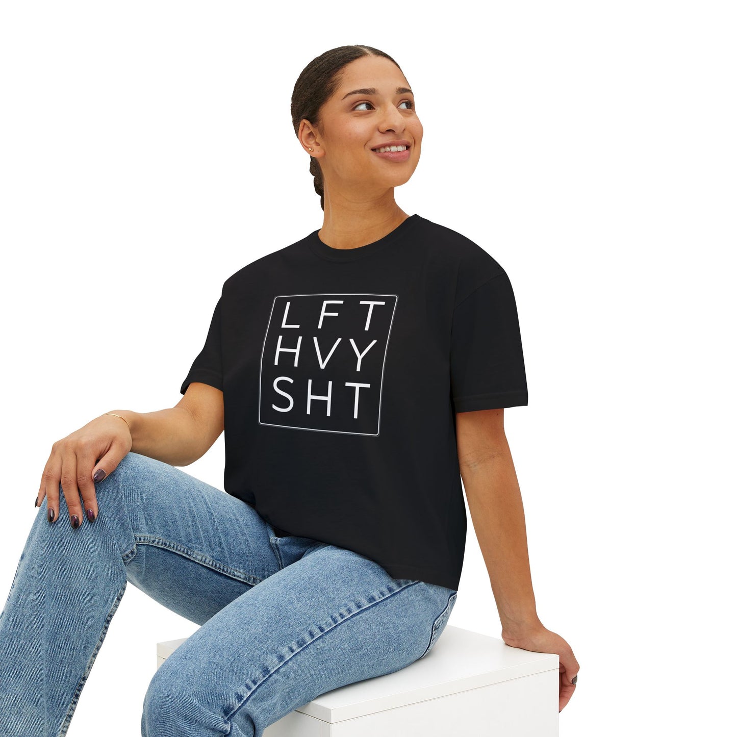 "LFT HVY SHT" Boxy Crop Tee | Gym Workout Fitness Shirt | Black Graphic Tee