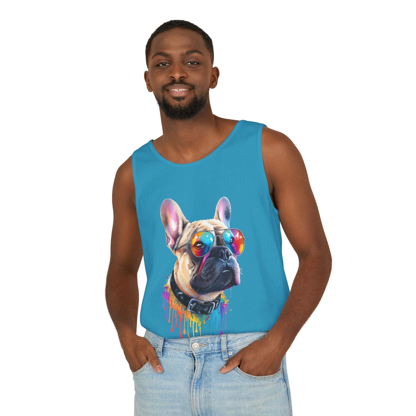 Colorful French Bulldog Art Tank Top - Summer Dog Lover Graphic Tee - Unisex Cotton Sleeveless Shirt