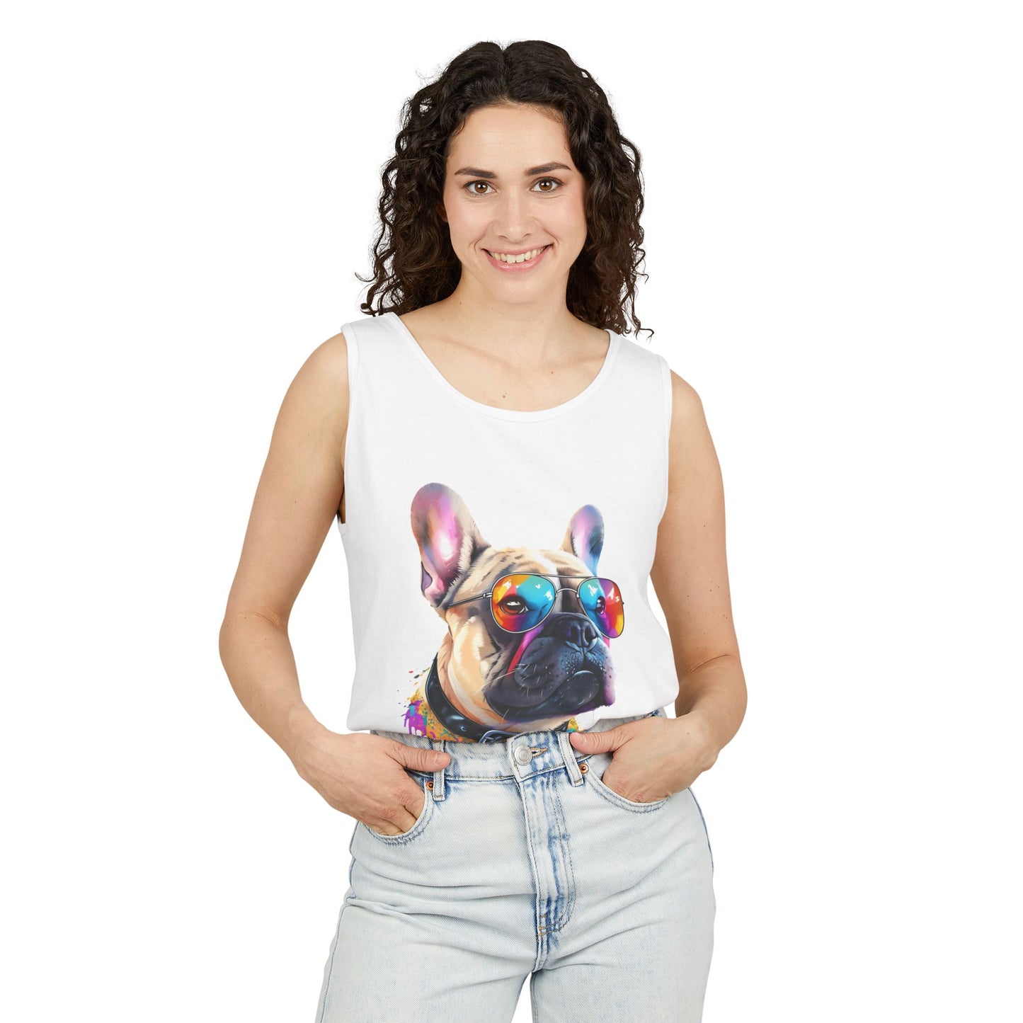 Colorful French Bulldog Art Tank Top - Summer Dog Lover Graphic Tee - Unisex Cotton Sleeveless Shirt