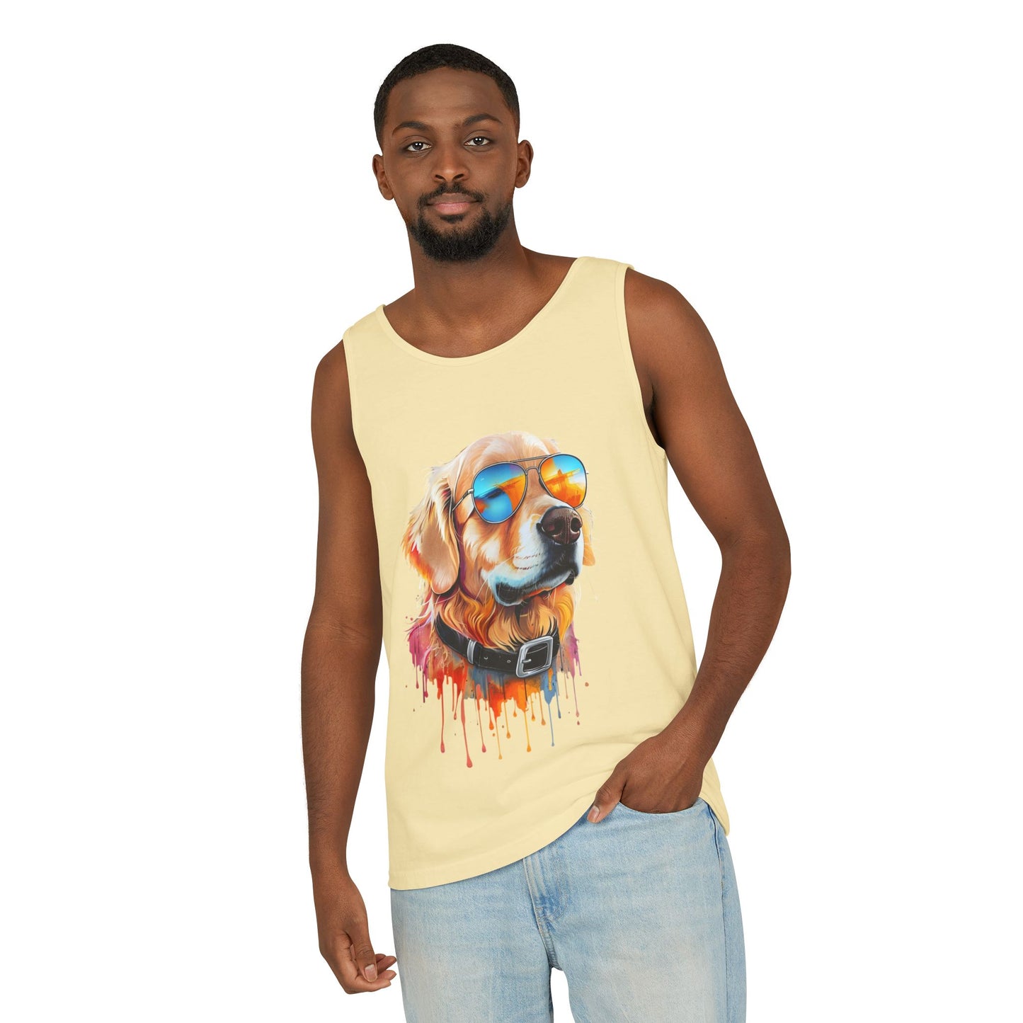 Colorful Golden Retriever Art Tank Top - Summer Dog Lover Graphic Tee - Unisex Cotton Sleeveless Shirt