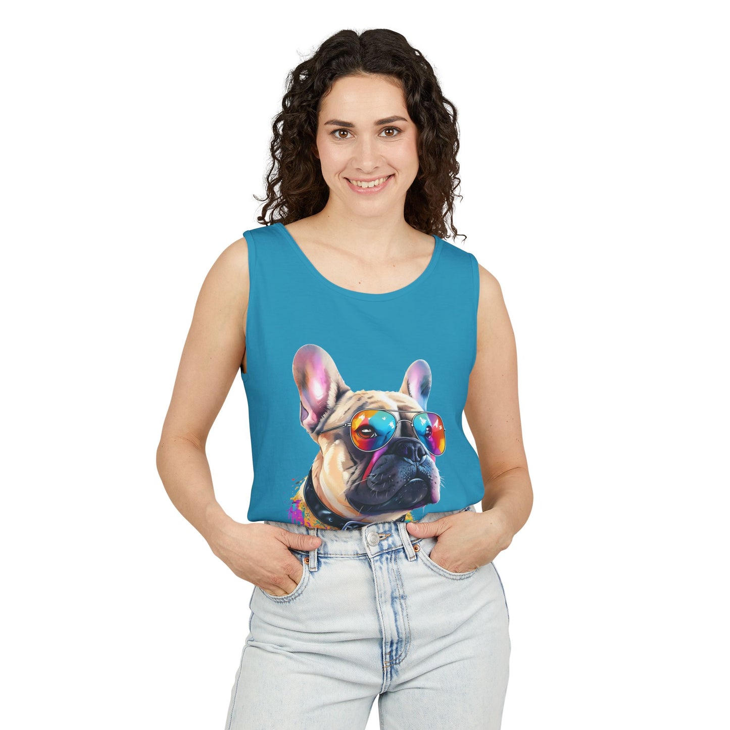 Colorful French Bulldog Art Tank Top - Summer Dog Lover Graphic Tee - Unisex Cotton Sleeveless Shirt