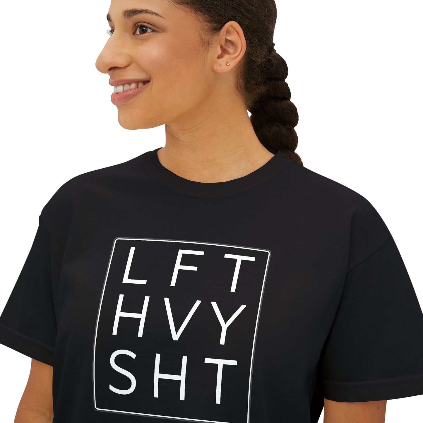 "LFT HVY SHT" Boxy Crop Tee | Gym Workout Fitness Shirt | Black Graphic Tee