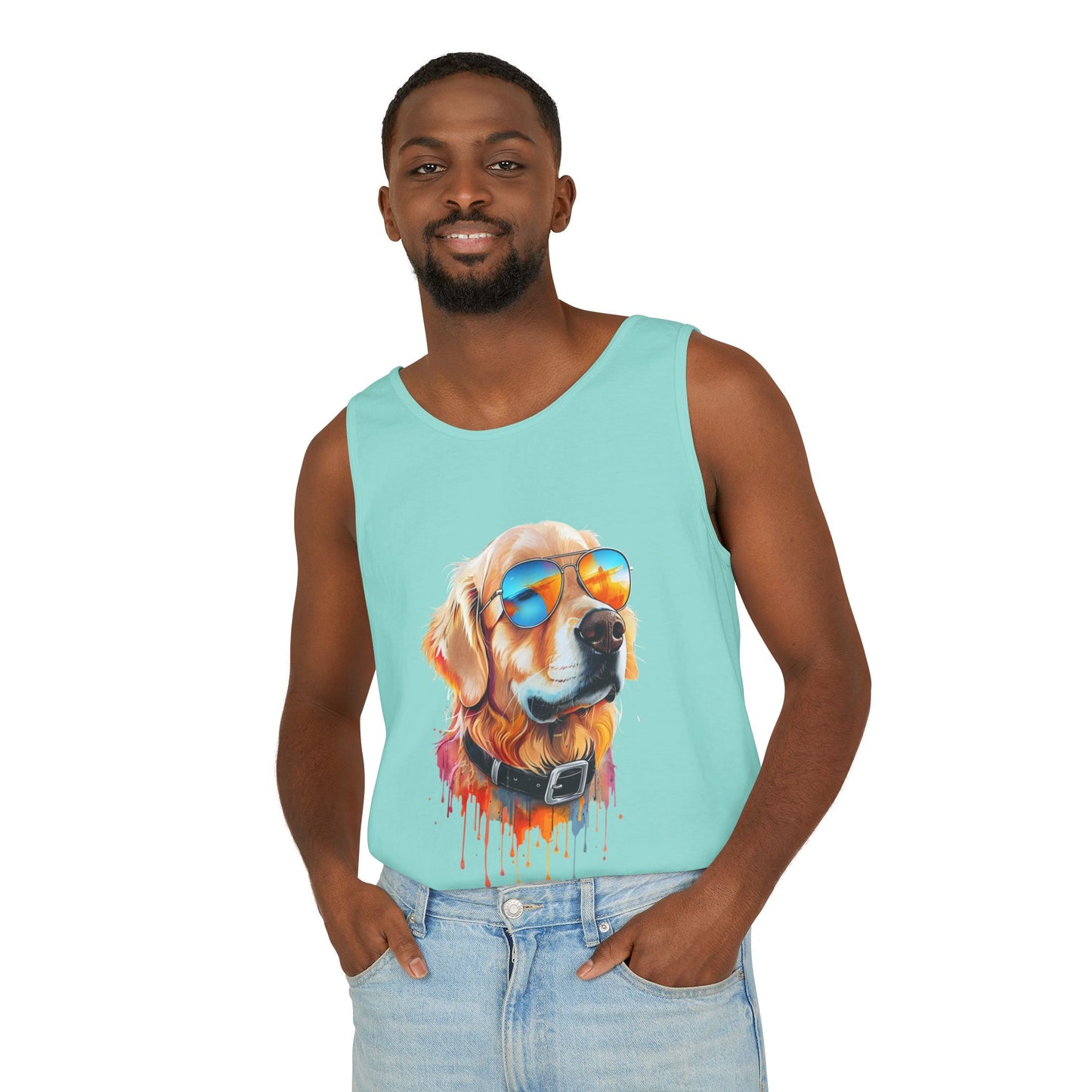 Colorful Golden Retriever Art Tank Top - Summer Dog Lover Graphic Tee - Unisex Cotton Sleeveless Shirt