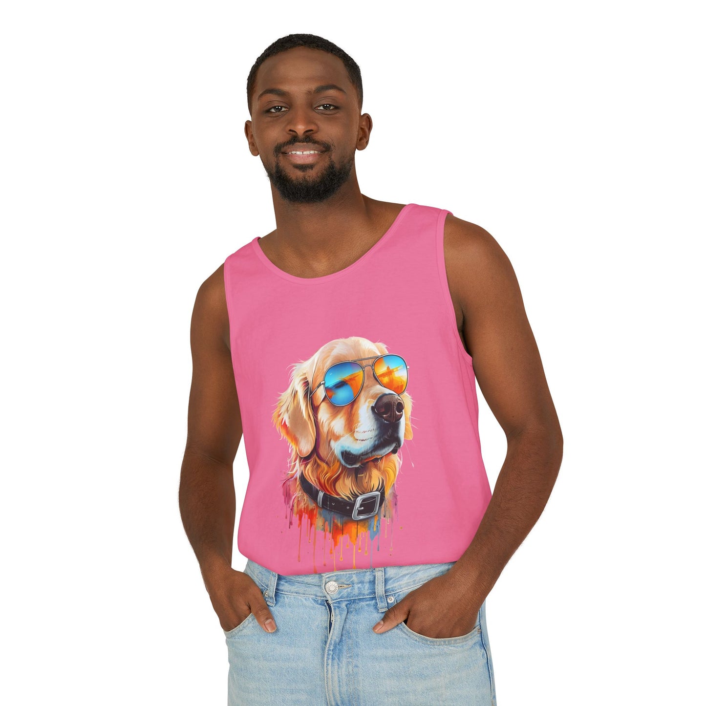 Colorful Golden Retriever Art Tank Top - Summer Dog Lover Graphic Tee - Unisex Cotton Sleeveless Shirt