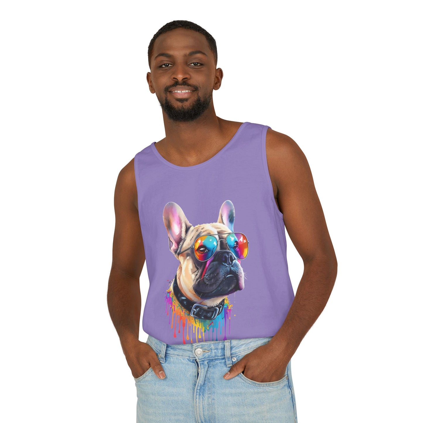 Colorful French Bulldog Art Tank Top - Summer Dog Lover Graphic Tee - Unisex Cotton Sleeveless Shirt