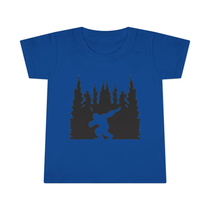 Toddler Bigfoot Adventure T-Shirt | Kids Sasquatch Forest Silhouette Tee | Outdoor Wilderness Shirt | Unisex Children's Cryptid Graphic Tee