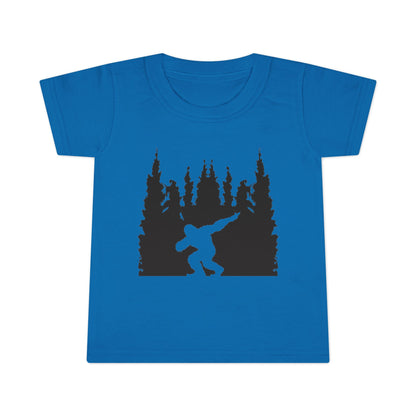 Toddler Bigfoot Adventure T-Shirt | Kids Sasquatch Forest Silhouette Tee | Outdoor Wilderness Shirt | Unisex Children's Cryptid Graphic Tee