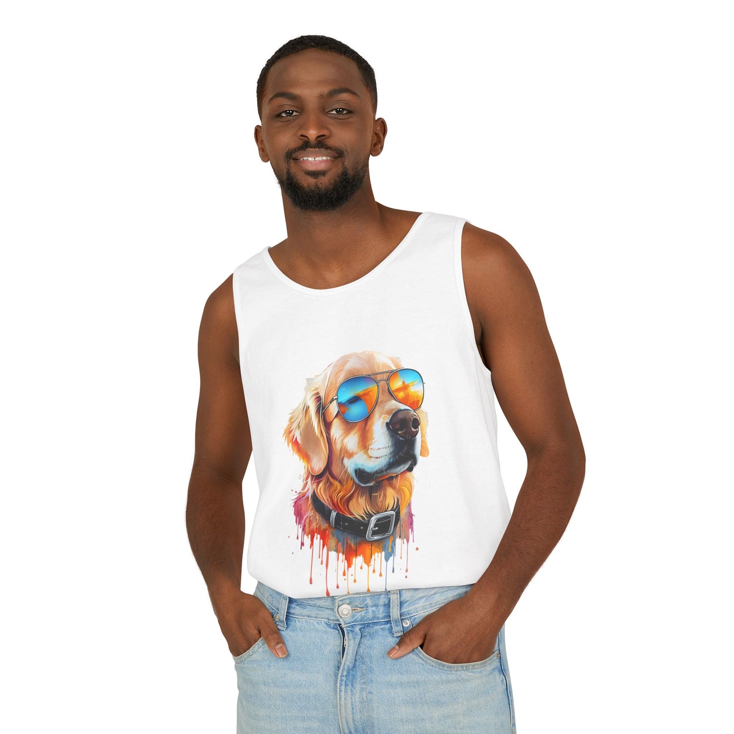 Colorful Golden Retriever Art Tank Top - Summer Dog Lover Graphic Tee - Unisex Cotton Sleeveless Shirt